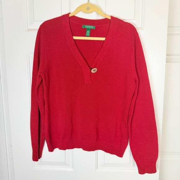 Lauren Ralph Lauren Sweaters - LAUREN RALPH LAUREN Red Cotton Blend V Neck Button Detail Sweater Top Women's L